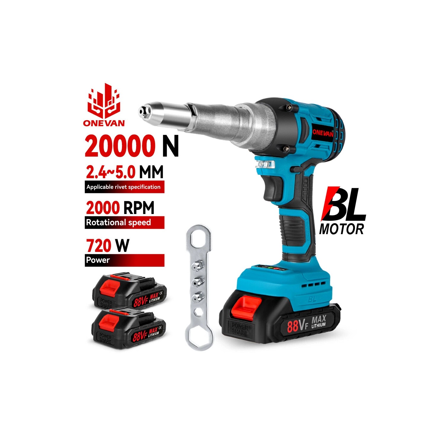 ONEVAN 20000N Cordless Rivet Gun 18V Brushless Electric Rivet Gun with ...