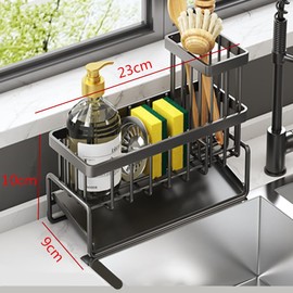 Kitchen Sink Caddy, Kitchen Sink Caddy with Auto Draining Tray, Kitchen Sink Organzier with Brush Holder, Rustproof Stainless Kitchen Gadgets Black Loopunk