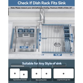 LIONONLY Expandable Roll Up Dish Drying Rack, 304 Stainless Steel Over The Sink Dish Drainer Rack, Foldable Rollable Kitchen Sink Rack with 2 Removable Utensil Holder 15.35-12.59”to 23.22”