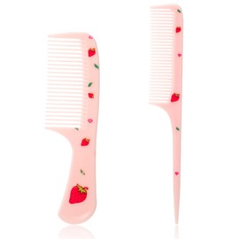 Cute Hair Comb Set, 2 Pcs Pink Strawberry Fruit Combs for Women Plastic Fine Tooth Rat Tail Combs Detangling Hair Comb for Women Girls All Hair Types Long Short Wet Dry Curly Straight Hair