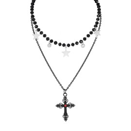 Eigso Gothic Cross Necklaces for Women Double Chain Layers Stainless Steel Choker Necklace for Woman Man