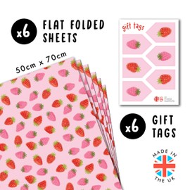Strawberry Wrapping Paper - 6 Sheets Wrapping Paper - Pink and Red Strawberries - Girls Birthday Anniversary Bridal Shower Wrapping Paper - With Stickers - By Central 23