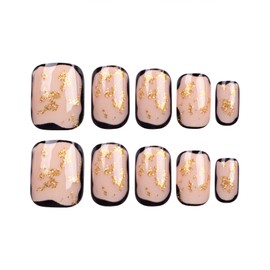 French Tip Press on Nails Short Black Border Fake Nails with Gold Leaf Designs Full Cover Nude Glue on Nails Artificial Acrylic Nails Glossy Faux Nails for Women 24 Pcs