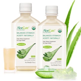 AloeCure USDA Organic Aloe Vera Juice Made Within 12 Hrs of Harvest - Pure Aloe Juice Natural Digestive Supplement to Support Digestion, Immune System and Balanced Stomach Acidity, 2 x 500ml Bottles