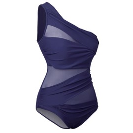 Runtlly Traje de baño de una pieza para mujer, de un hombro, talla grande, con estilo de malla transparente, Azul marino oscuro, XL