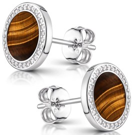 MATERIA Women's Stud Earrings 925 Silver – Gemstone Stud Earrings with Cubic Zirconia – 5 Colours with Gift Box, Silver