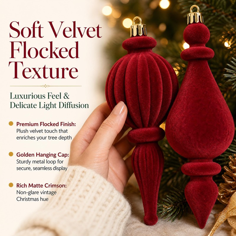 8 Pcs Burgundy Christmas Decorations, Finial Velvet Baubles Ornaments