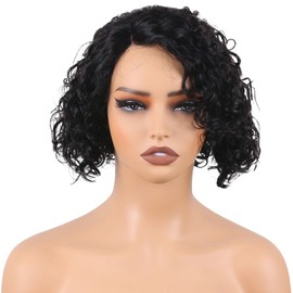 ManeMajesty Deep Curly Human Hair Wigs Side Part Lace Front Pre Cut Lace Wear and Go Glueless Wig 8 Inch Short Curly Bob Wigs for Black Women 100% Brazilian Remy Human Hair Black Color