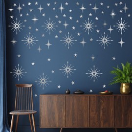 Silver Star Wall Stickers Retro Starburst Wall Decals Peel and Stick for Bedroom Living Room Decor Ceiling Stars Atomic Mid Century Wall Art Murals Modern Viny Wall Decal for Nursery Kids Room