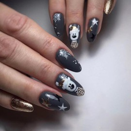 Christmas Press on Nails Almond Shaped Glossy Full Cover Acrylic Medium Almond Winter False Nails with Cartoon Bear Designs Artificial Holiday Almond Fake Nails with Glue ons Fingernails for Women