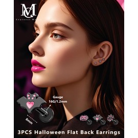 CM Crareesi Mania Pumpkin Helix Stud Earrings 3PCS Halloween Flat Back Earrings 16G Black Cartilage Earring 316L Surgical Steel Internally Threaded Black Labret Conch Tragus Studs