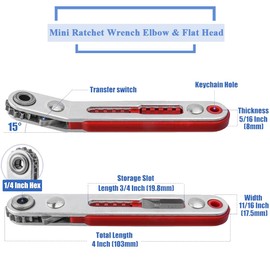 Wolfride 2Pcs Mini Ratchet Wrench Set, 1/4" Hex Bit Drive Reversible Wrench with Elbow & Flat Head 90 Degree Right Angle Screwdriver Wrench for Tight Spaces