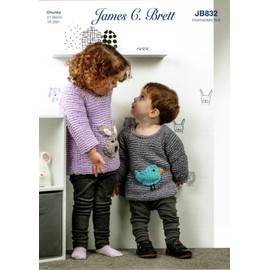 James C Brett Chunky Knitting Pattern for Childrens Bird or Rabbit Sweater (JB832), 16'' - 26''