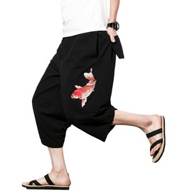 INVACHI Men's Harem Capri Pants Elastic Waist Loose Fit Drawstring Beach Yoga Trousers with Pockets A-Black