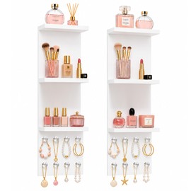 3 Tier White Floating Wall Vanity Shelf with 8 Crystal Hooks, Set of 2 Wall Mounted Bathroom Organizer for Perfume, Makeup, Skincare, Jewelry, Key Holder Display Shelf for Vanity, Entryway