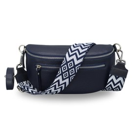 BRISE Bauchtasche Damen Echtes Leder LUCIA Handgemachte Umhängetasche Crossbody Bag mit Ledergurt + Optionalen Breiten Gemusterten Riemen 3 Fächer Stylische Made in Italy Gürteltasche (Dunkelblau - 3)