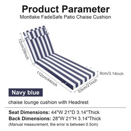PNP FKJP Outdoor Patio Chaise Lounge Cushion with Headrest,with 100% Polyester，Comfortable and Stylish Patio Cushion “72 * 21” （Navy White）
