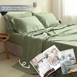 Simple&Opulence 100% Linen Sheet Set Solid Color- 6 Pcs Washed French Flax Bed Sheets (1 Flat Sheet, 1 Fitted Sheet, 4 Pillowcases) - Breathable Home Collection (Basic Sage Green, King)