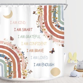 Imirell Kids Boho Rainbow Floral Inspirational Quotes Shower Curtain 60Wx72H Inches Abstract Motivational Positive Teen Girls Women Pink Moon Sun Fabric Waterproof Polyester with 12 Pack Hooks Plastic