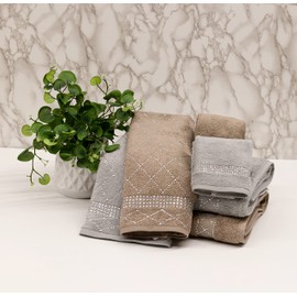 3 Piece Towel Set with X Pattern, Durable, Sparkling Rhinestones on Cotton Terry Cloth, for Stylish Home Bath Decor, Gray, One Bath, One Hand, One Tip Towel