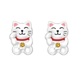 Zenvie Maneki-neko Waving Cat Good Luck Stud Earrings - 925 Sterling Silver Cute Asian Traditions Cute
