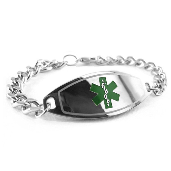 My Identity Doctor Medical Alert Bracelet Stainless Steel With Free Custom Engraving and ID Card, Curb Chain - Green | Made In USA - Wrist Size 7 Inch
