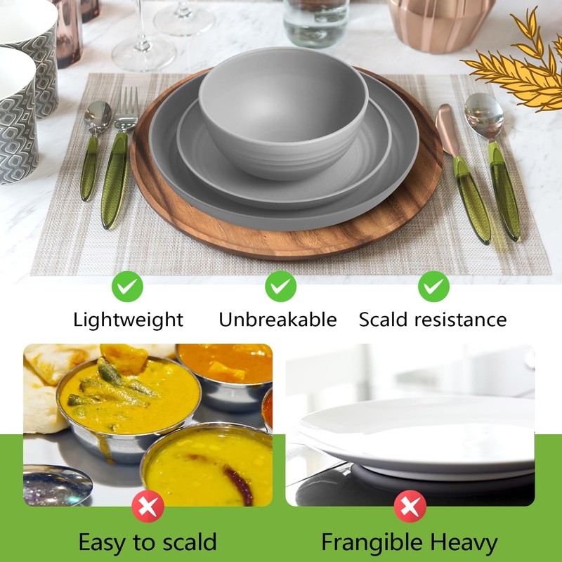 Teivio 32-Piece Kitchen Plastic Wheat Straw Dinnerware Set, Service for