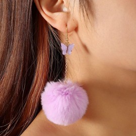 Fashion Butterfly Earrings for Women,Colorful Pom Pom Drop Dangle Earrings Lovely Long Tassel Statement Fluffy Earring Christmas Valentines Jewelry Gift (Purple)