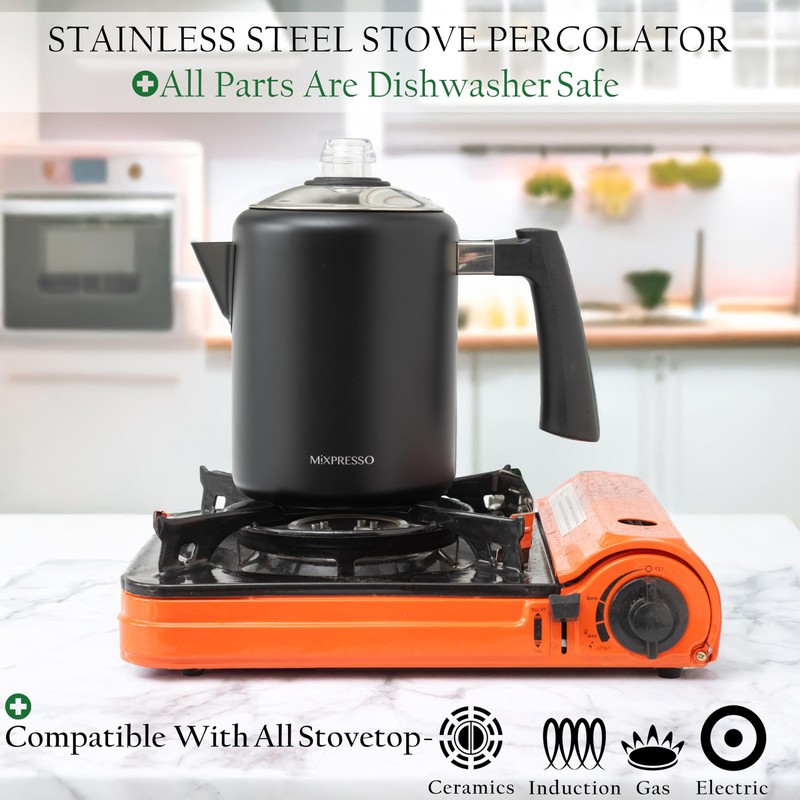 Mixpresso Black Stainless Steel Coffee Percolator Stovetop, 37oz Classic Percolator