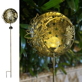 ARTCOS Fairy Solar Light Outdoor Decoration Garden Hollow Carving Sun Flowers Crackle Glass Ball Metal Stake for Pathway Patio Lawn Yard Mother Gift (Floral Fairy)