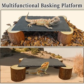 GXSDJ Bearded Dragon Basking Platform,10×6×2.4inch Reptile Heat Storage Slate Stone with Wooden Pile,Gecko Heating Rocks and Hide Cave,Reptile Basking Rocks for Lizards,Snakes,Chameleon,Turtle