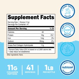 Polvo hidrolizado de colágeno puro Nutricost (bovino) - alimentado con pasto, 1 lb (454 g)