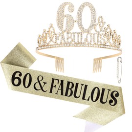 Luixenir 3 Pcs Gold 60th Birthday Sash and 60th Tiara Rhinestone Crown Headband and Sash for Women 60 and Fabulous Birthday Decorations