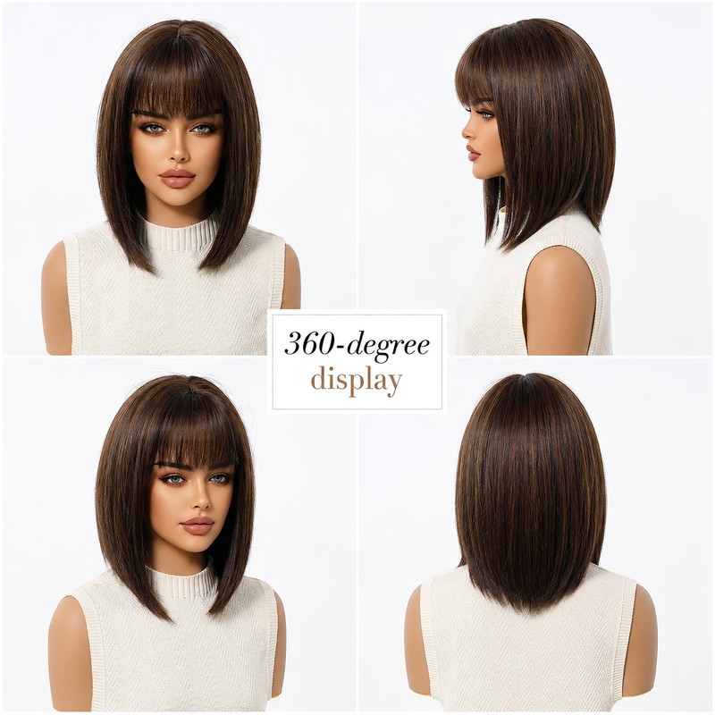 Black-Brown Bob Women Wigs with Bangs 12 Inch Short Straight