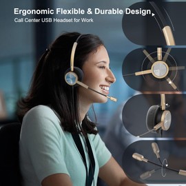 USB Type C Headphones with Noise Canceling Microphone, USB-C Headset with Mic for PC, Laptop, Lightweight Gold Headset for Call Center Office Laptop, Skype, Zoom, Webinar, Google Meet, WeBex
