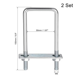 sourcing map Square U-Bolts 2"(50mm) Inner Width 150mm Length Carbon Steel M8 with Nuts, Frame Plate, Round Washers 2 Set