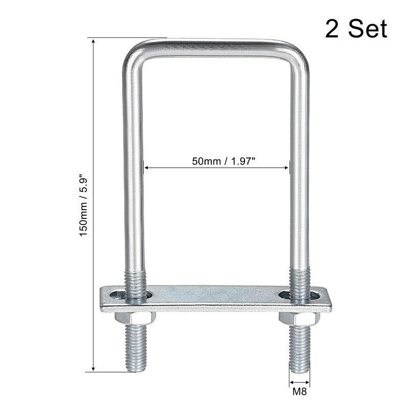 sourcing map Square U-Bolts 2"(50mm) Inner Width 150mm Length Carbon