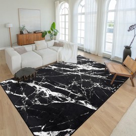Asrug 5X7 Area Rugs for Living Room, Black Marble Washable Rugs Carpet with Non-Slip Backing, Low-Pile Floor Non-Shedding Mat Indoor Rug for Dining Room Under Table, Bedroom Enterway, 5X7ft