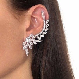 Aneneiceera Vintage Crystal Cuff Wrap Earrings Silver Rhinestone Leaf Ear Cuff Earrings Long Cz Ear Climber Cuff Earrings Boho Crystal Climbing Earrings Jewelry for Women and Girls