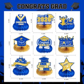 9Pcs Graduation Decorations Class of 2026 - Blue and Gold Congrats Grad Honeycomb Centerpieces, Graduation Table Toppers for 2026 College High School Graduation Party Supplies Decorations