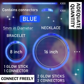 Hanaive 300 Pcs Glow Sticks Bulk 8 Inch Glow in the Dark Party Favors Neon Glow Bracelets and Necklaces Light up Sticks with Connectors for Kids Adults Party Supplies (Blue)