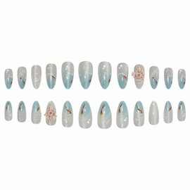 MERVF Almond Press on Nails Medium Fake Nail Blue Ombre French Tip Glue ons Nails 3D Flower Cat Eye Design Summer Stiletto Acrylic Supplies DIY Manicure Glossy 24pcs