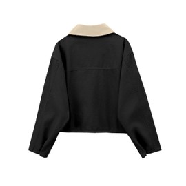 Megfie Womens Cropped Jacket Contrast Collar Utility Coat Cargo Jacket Barn Jacket Outwear with Pockets(0836-Black-M)