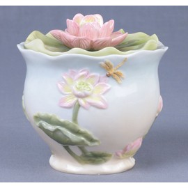 US 6 Inch Pale Blue and White Glazed Porcelain Pink Lotus Sugar Bowl