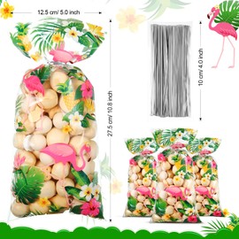 Geyee 100 Pieces Flamingo Cellophane Goodie Bags Hawaiian Tropical Treat Bags with 100 Silver Twist Ties Pineapple Palm Tree Flamingos Party Decorations