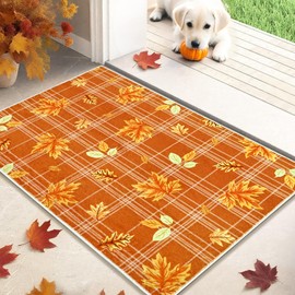 ASPMIZ - Tapete para puerta de otoño, entrada interior, a cuadros, de 2 x 3 pulgadas, antideslizante, lavable, color naranja, de pelo bajo, alfombra de lana sintética suave para entrada, puerta, color