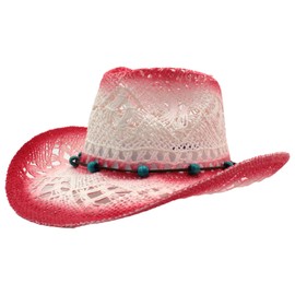 Cowboy/Cowgirl Straw Hat Panama with Western/Western Band Unisex One Size Men Women for Summer Coachella Beach in Brazilian Country Style Bohemian Indiana Natural Raffia, XH13003 Red, Unit size