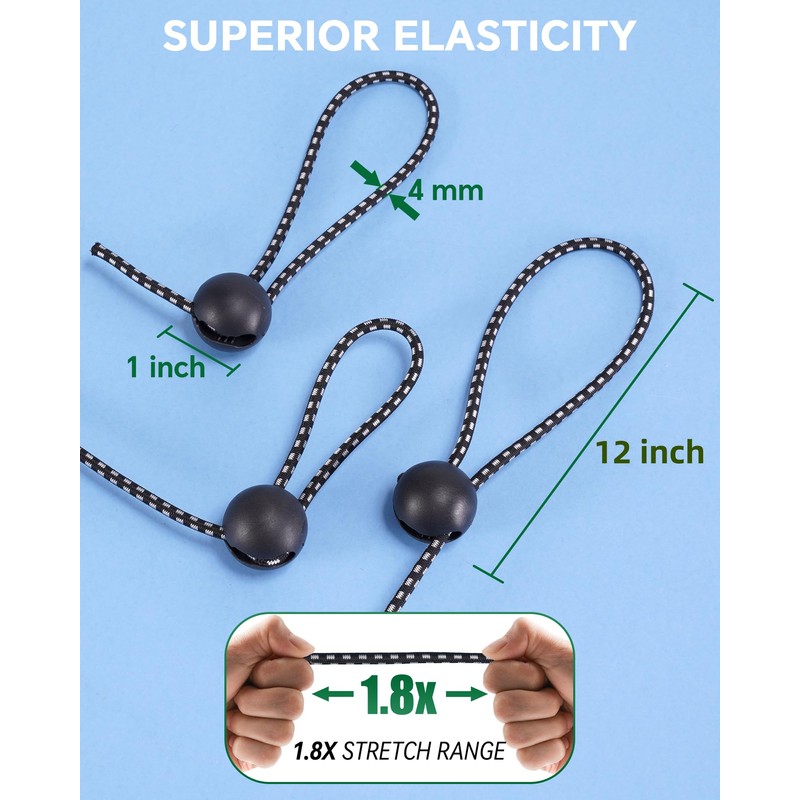 12 Inch Adjustable Ball Bungee Cords, Easy to Adjust from