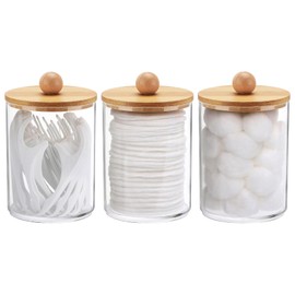 Tbestmax 10 Oz Cotton Swab/Ball/Pad Holder, Qtip Apothecary Jar, Clear Bathroom Containers Dispenser for Storage 3 Pack Wood Lids