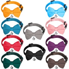 10 Pieces Cat Bowtie Collars with Bell Solid Colors Kitten Collar Breakaway Cat Collar for Boys Girls Adjustable Pet Collar with Safety Buckle Kitten Puppy Graduation Wedding Birthday Pet Accessories